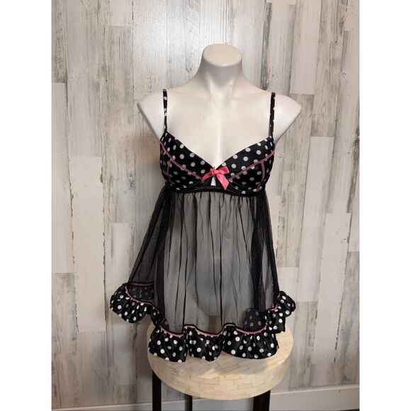 Victoria’s Secret Black Polka Dot Babydoll Lingerie with Pink Bow – Size 36C - Picture 1 of 8